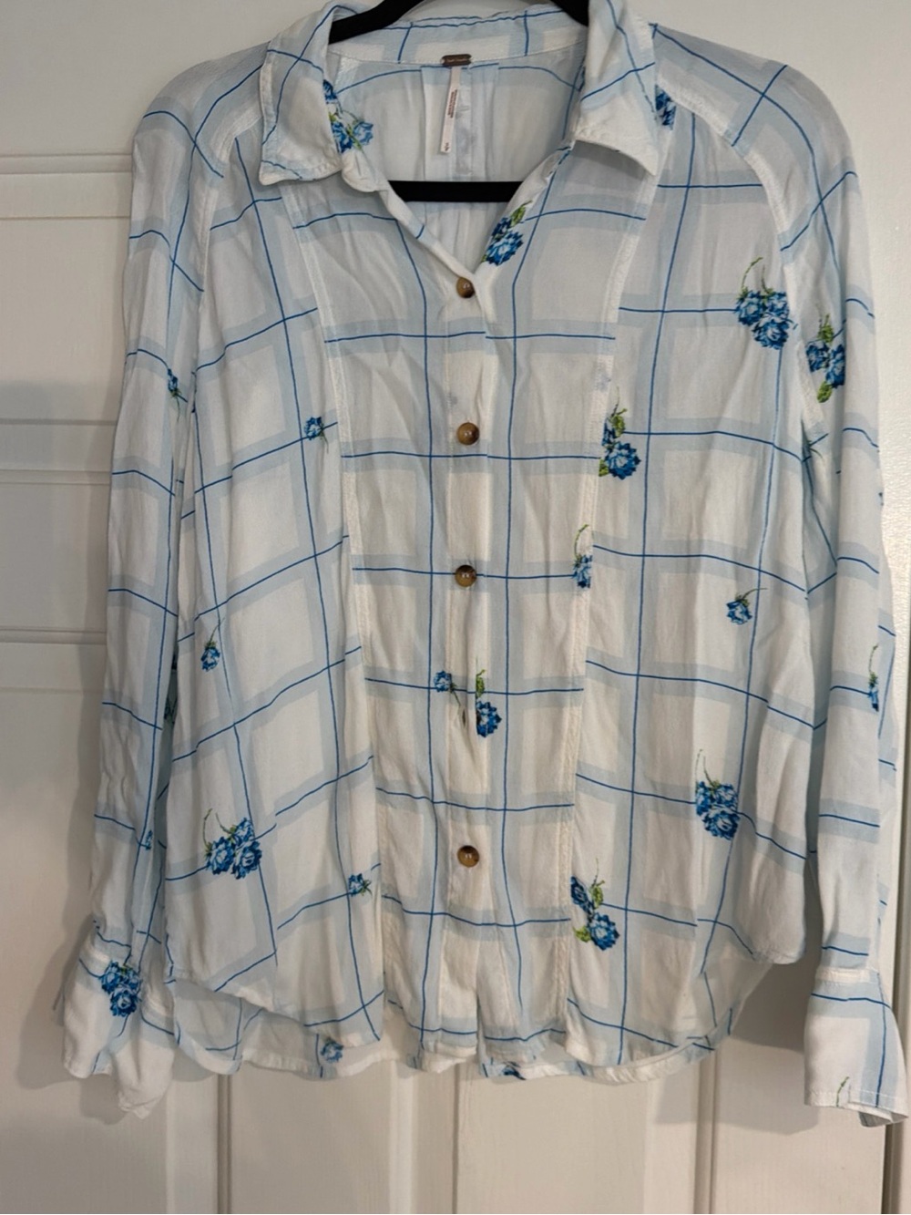 Free People White Button-Up Shirt with Blue Windowpane and Floral Accents